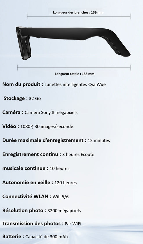 Lunettes intelligentes CyanVue AI – Lunettes avec appareil photo 8 MP