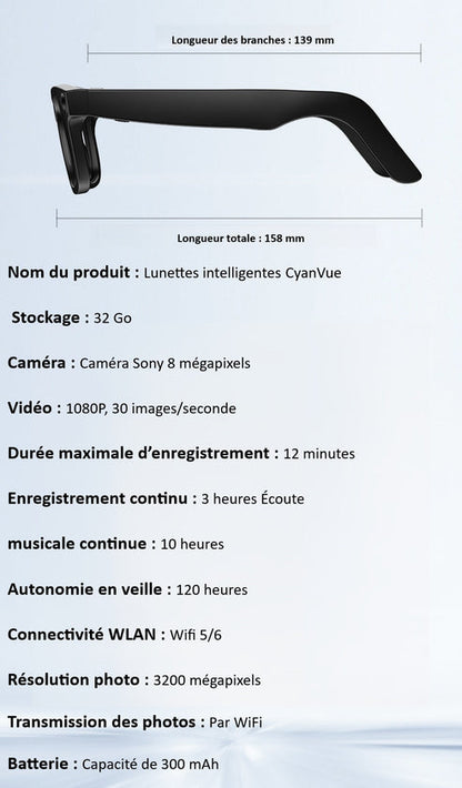 Lunettes intelligentes CyanVue AI – Lunettes avec appareil photo 8 MP